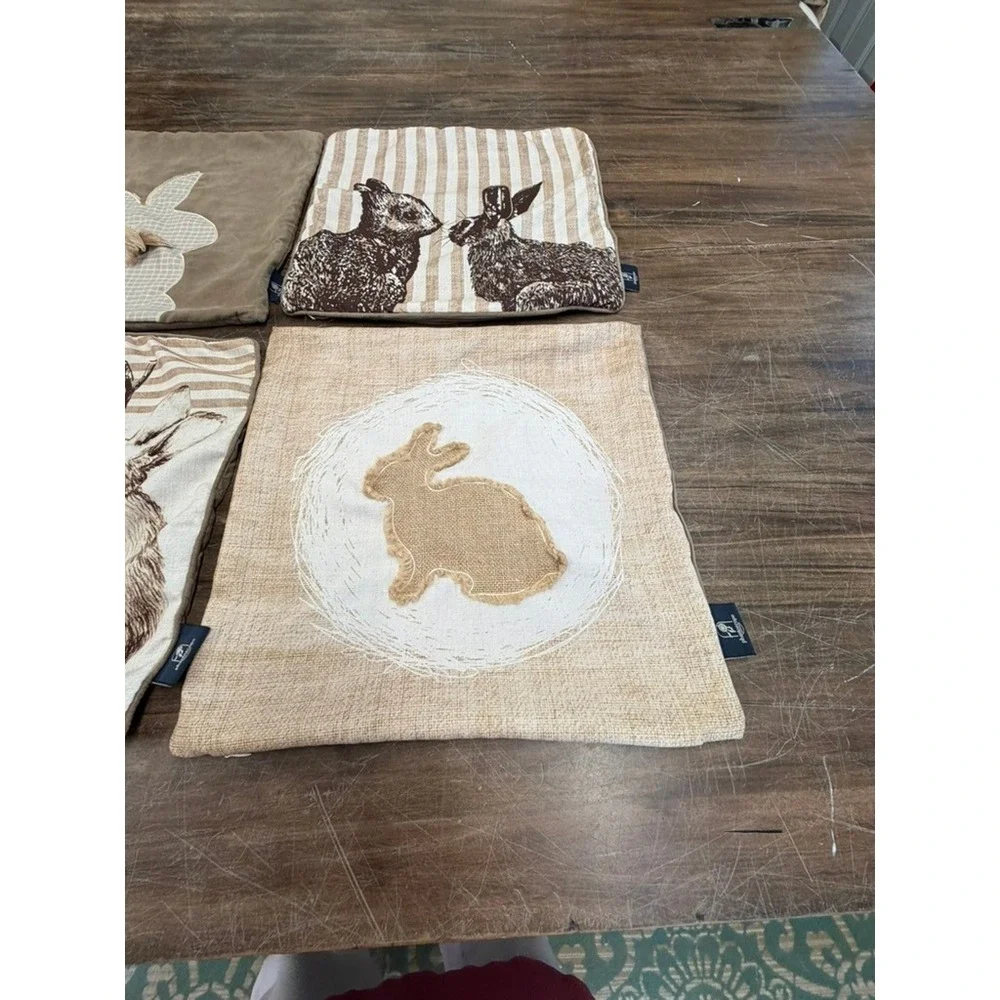 Bunny Rabbit Throw Pillow Covers Set of 4 Beige Brown Farmhouse 17